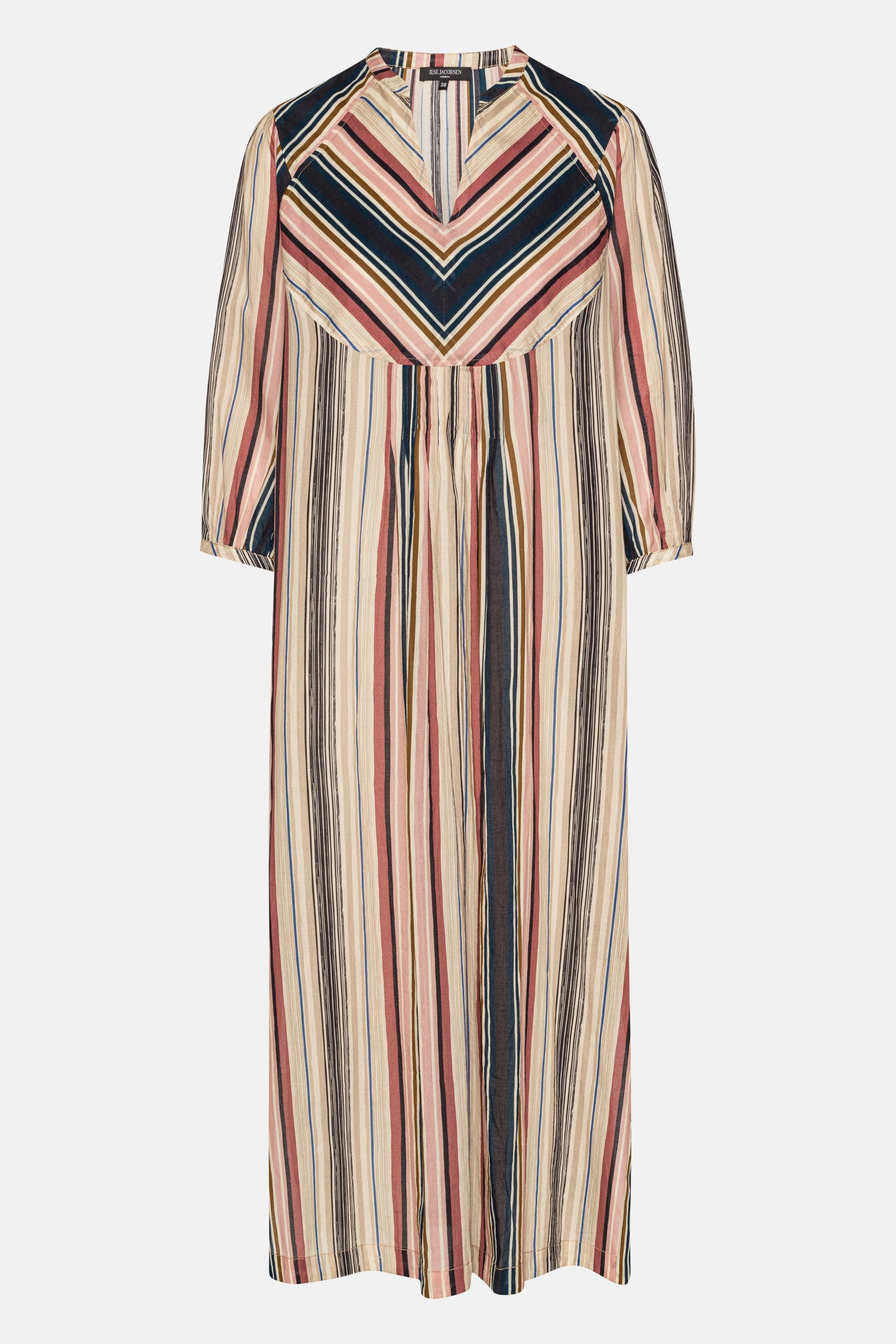 Lang Kjole med Ballongermer Pintuck - Beige Organic Stripe